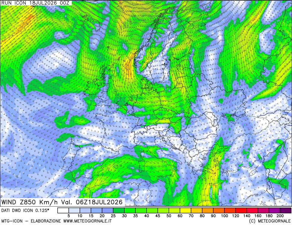 mappa 850 hPa Vento forza e direzione