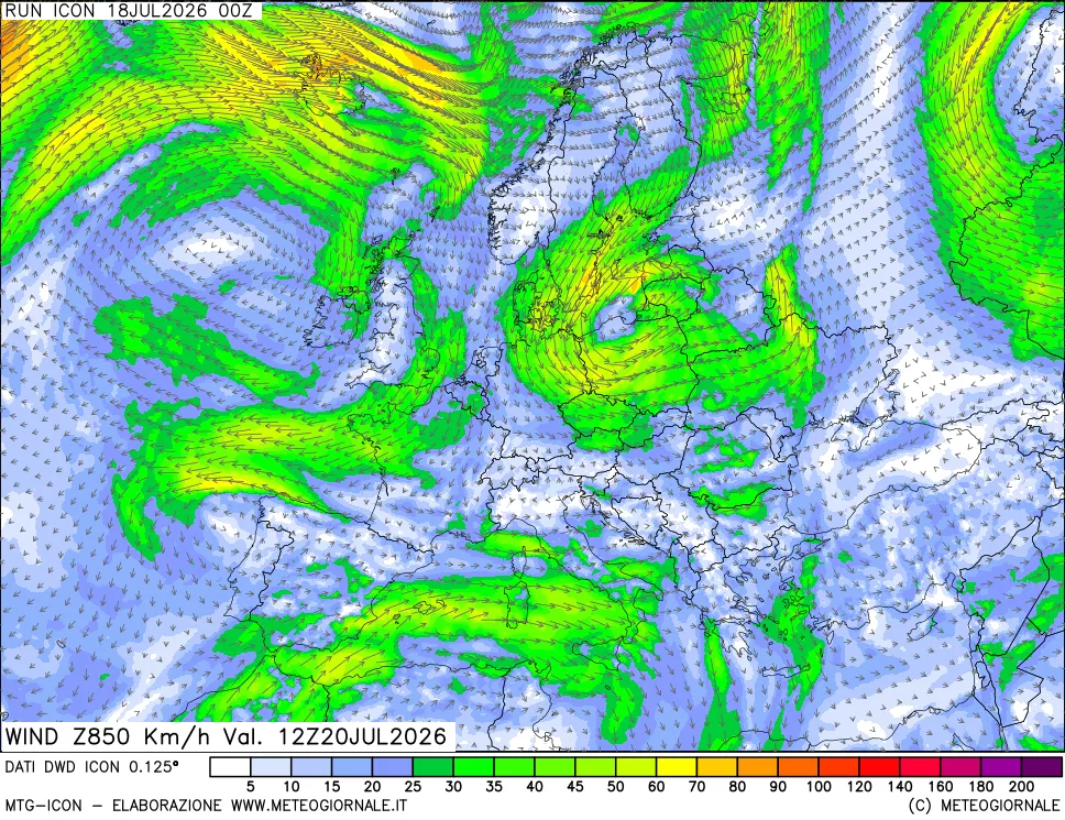mappa 850 hPa Vento forza e direzione