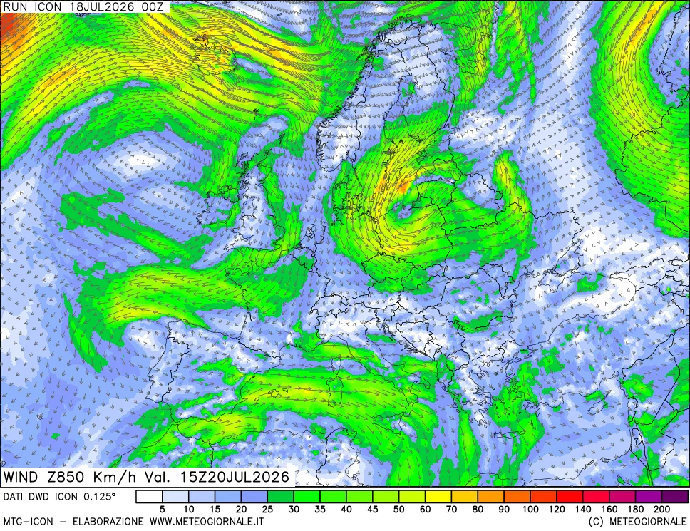 mappa 850 hPa Vento forza e direzione