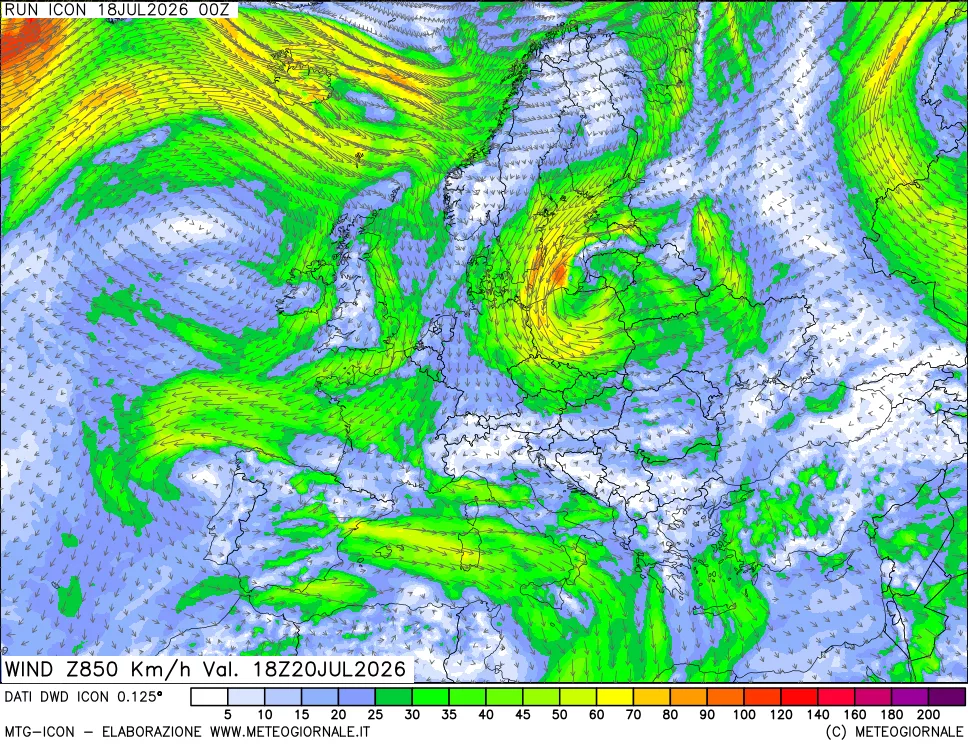 mappa 850 hPa Vento forza e direzione