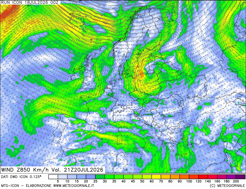 mappa 850 hPa Vento forza e direzione