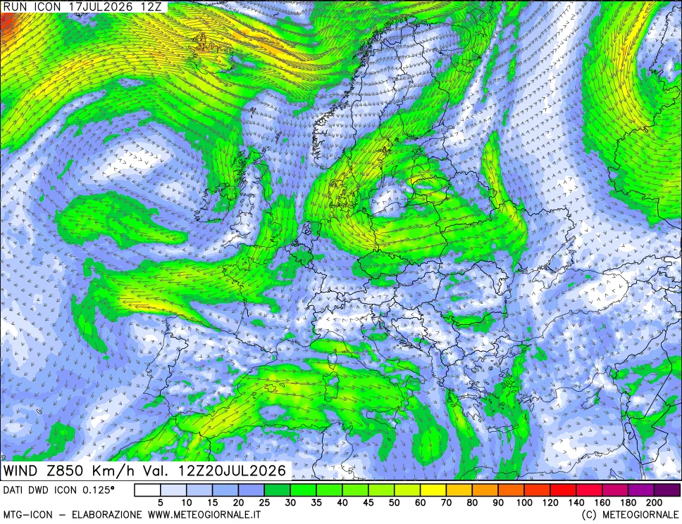 mappa 850 hPa Vento forza e direzione