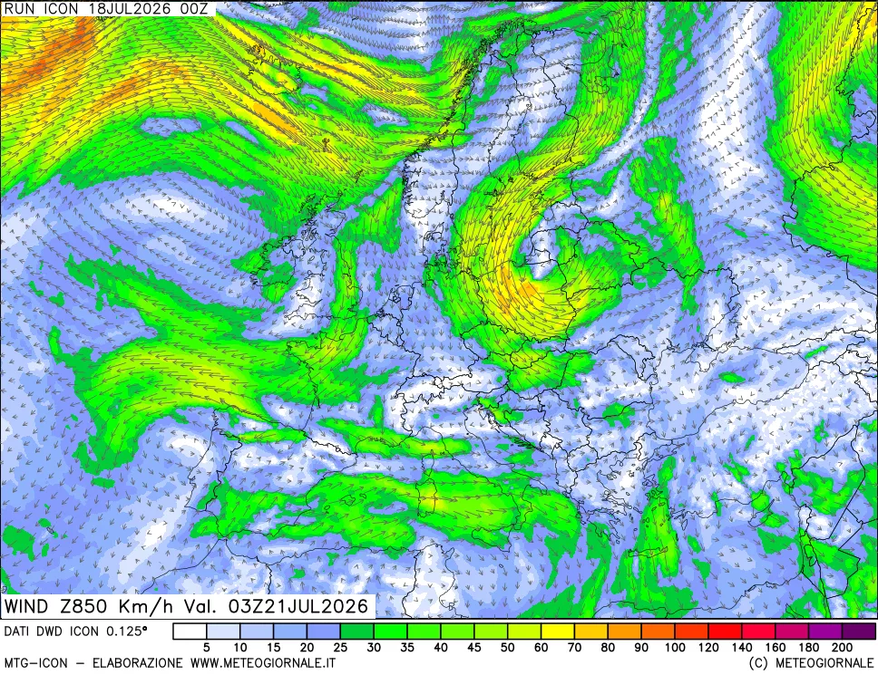 mappa 850 hPa Vento forza e direzione