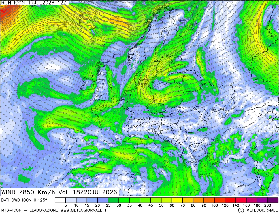 mappa 850 hPa Vento forza e direzione