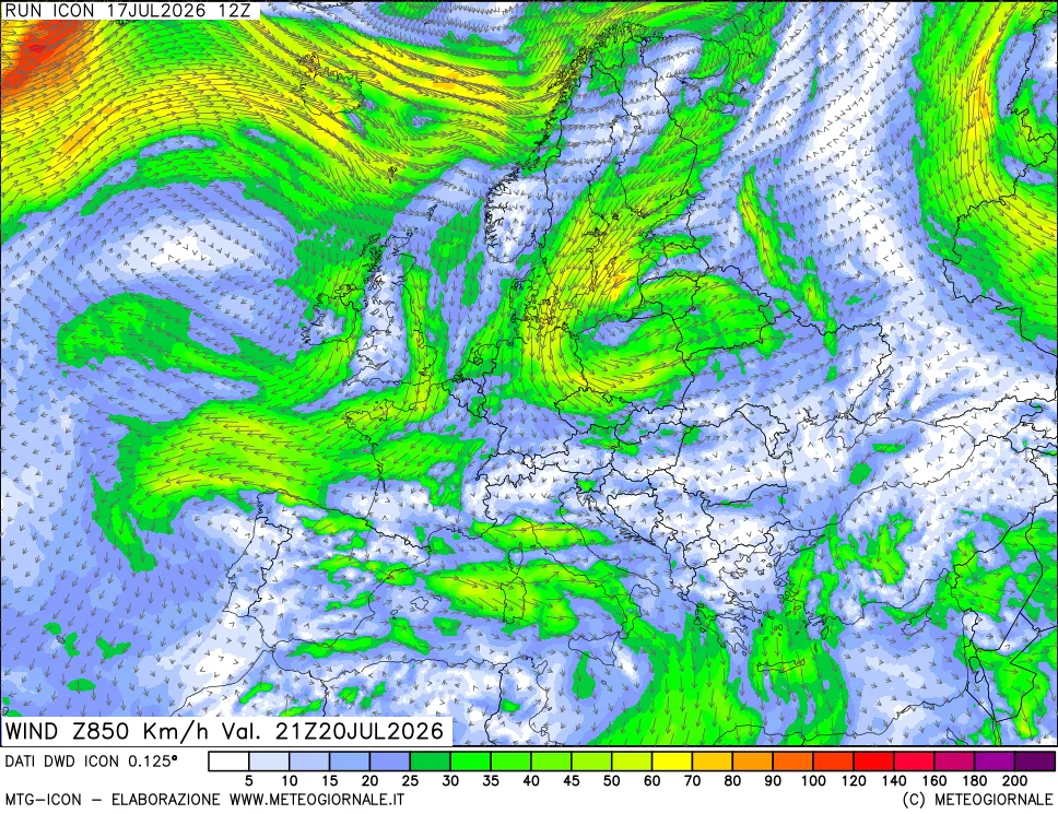 mappa 850 hPa Vento forza e direzione