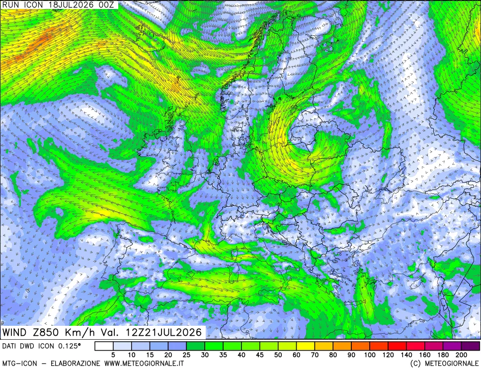 mappa 850 hPa Vento forza e direzione
