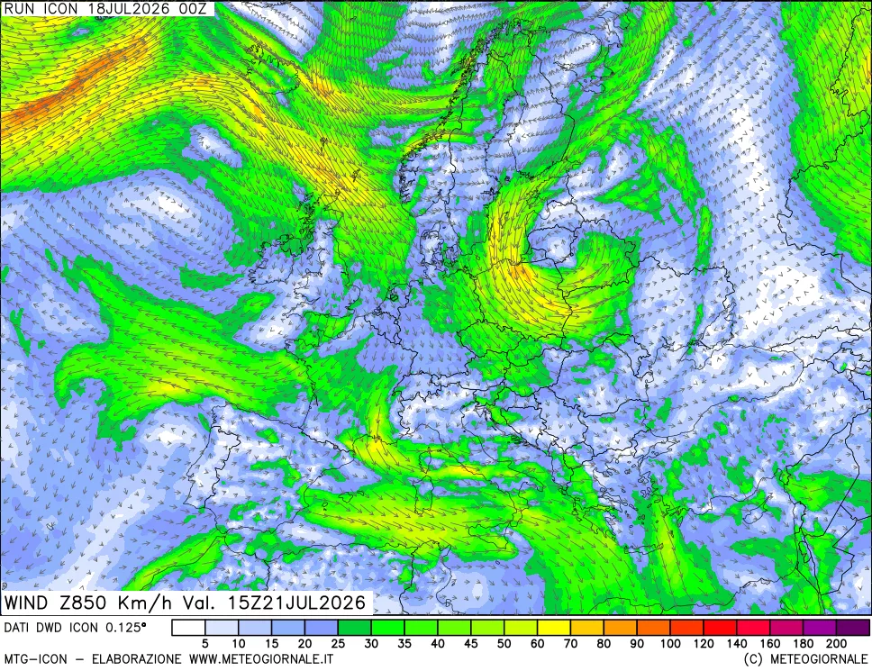 mappa 850 hPa Vento forza e direzione