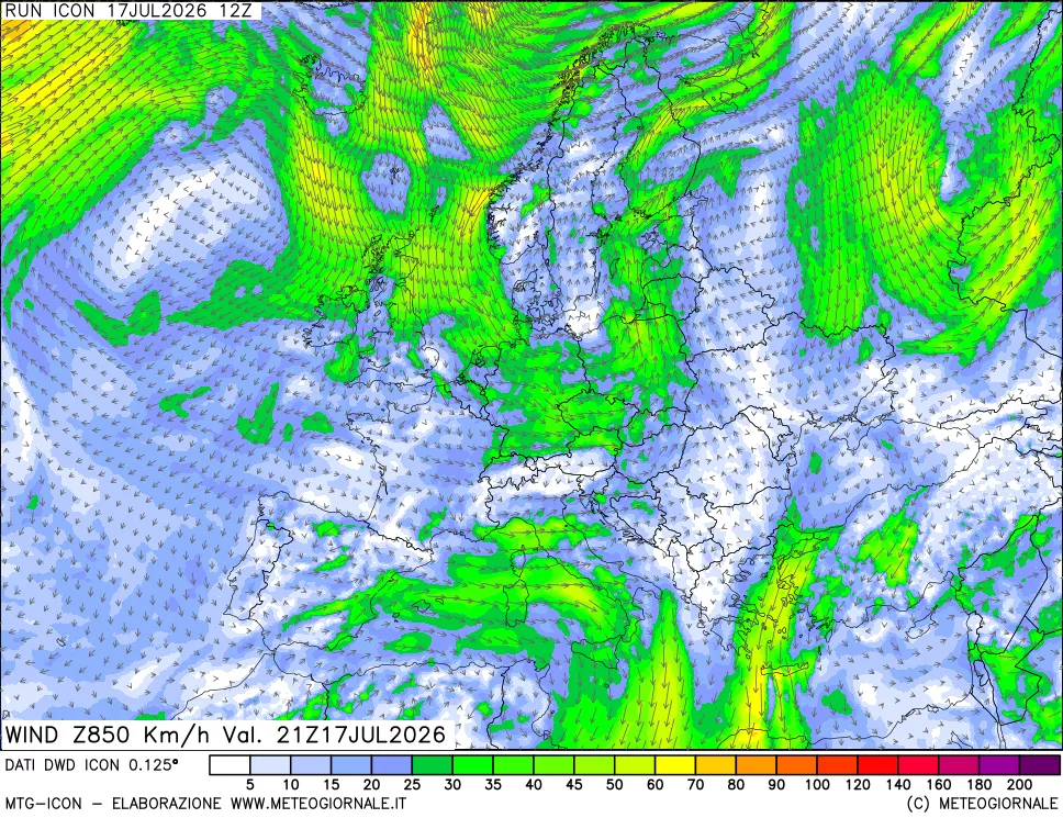 mappa 850 hPa Vento forza e direzione