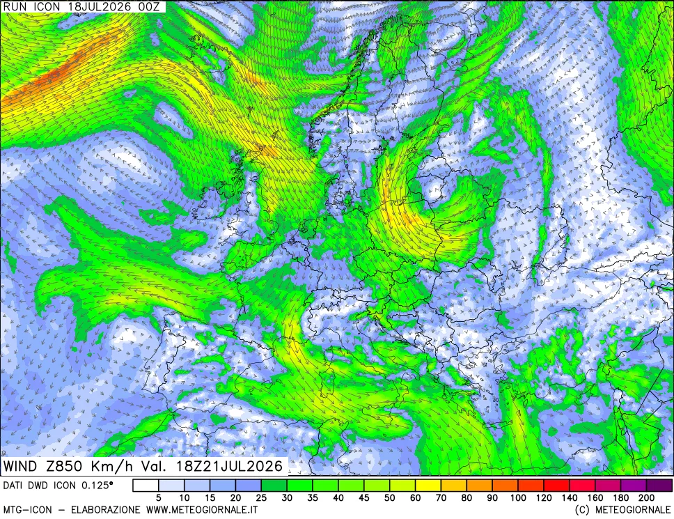 mappa 850 hPa Vento forza e direzione