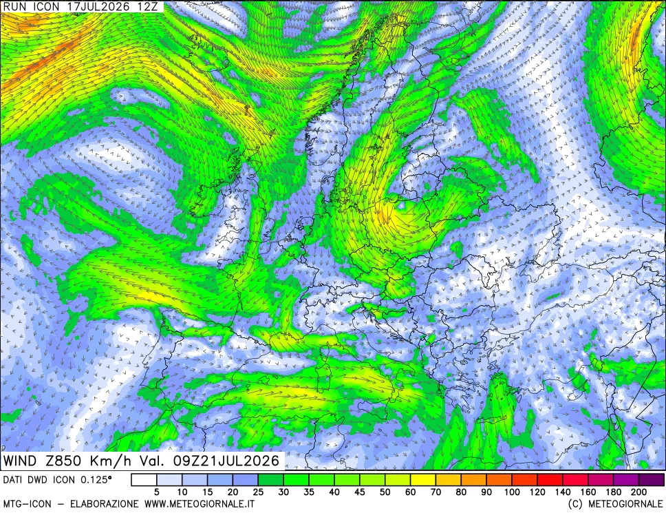 mappa 850 hPa Vento forza e direzione