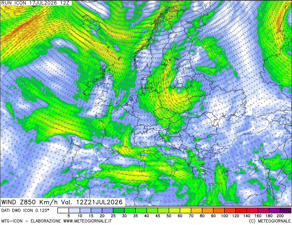 mappa 850 hPa Vento forza e direzione