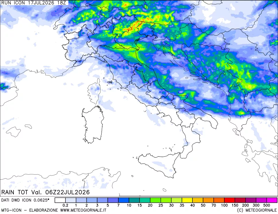 mappa Precipitazioni totali dal primo giorno