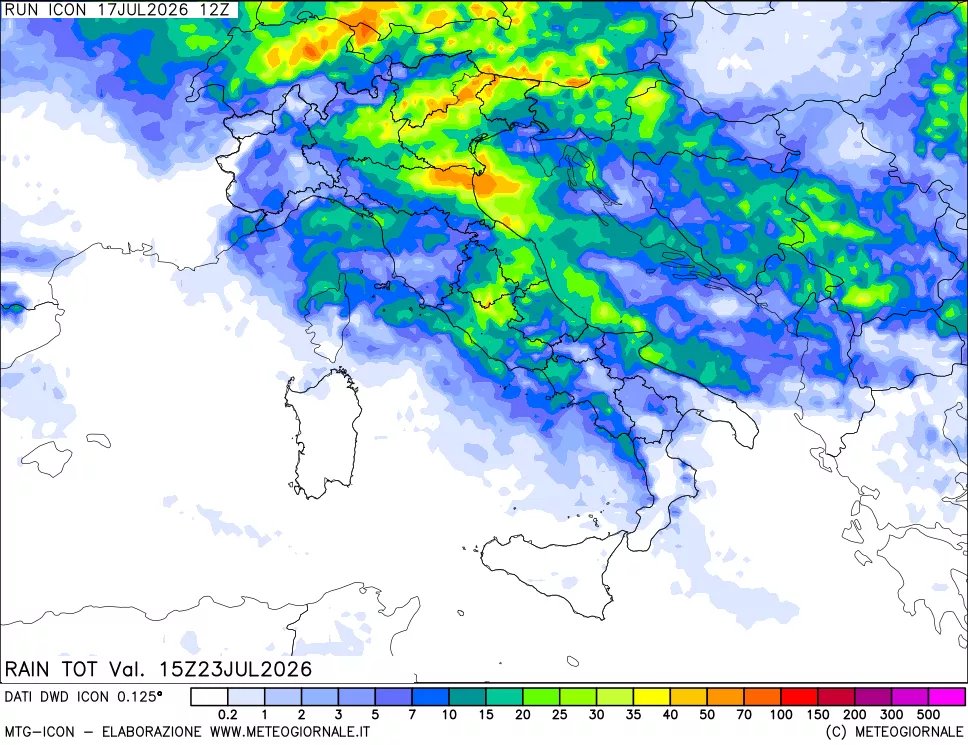 mappa Precipitazioni totali dal primo giorno