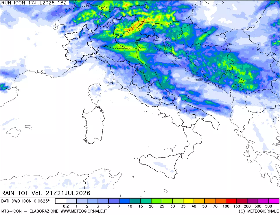 mappa Precipitazioni totali dal primo giorno
