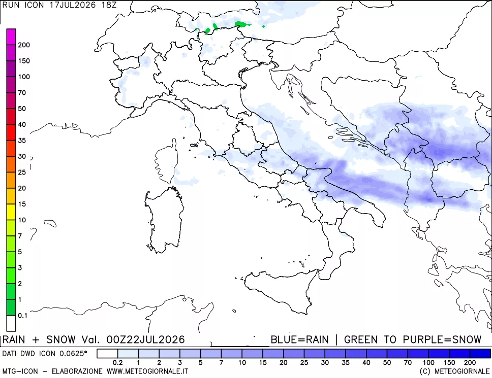 mappa Precipitazioni totali e nevose 24 ore precedenti