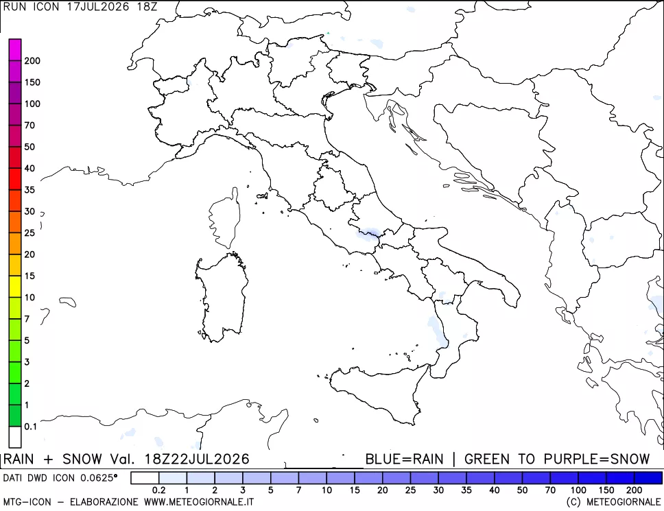 mappa Precipitazioni totali e nevose 24 ore precedenti