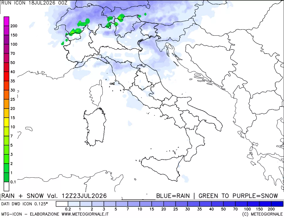 mappa Precipitazioni totali e nevose 24 ore precedenti