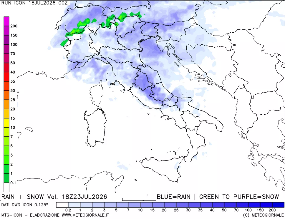 mappa Precipitazioni totali e nevose 24 ore precedenti