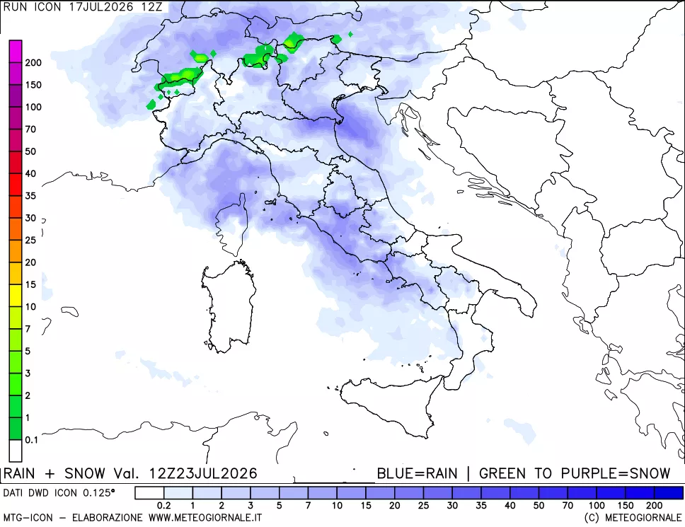 mappa Precipitazioni totali e nevose 24 ore precedenti