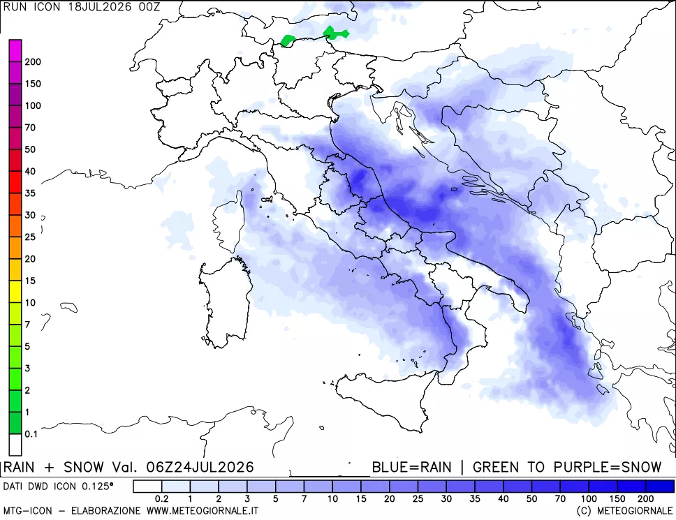 mappa Precipitazioni totali e nevose 24 ore precedenti