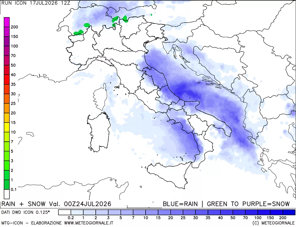 mappa Precipitazioni totali e nevose 24 ore precedenti