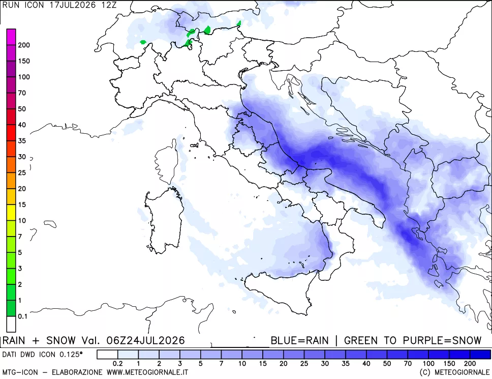 mappa Precipitazioni totali e nevose 24 ore precedenti