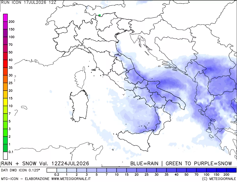 mappa Precipitazioni totali e nevose 24 ore precedenti
