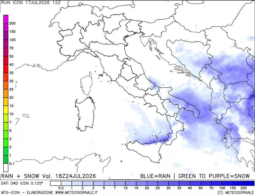 mappa Precipitazioni totali e nevose 24 ore precedenti