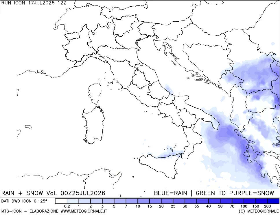 mappa Precipitazioni totali e nevose 24 ore precedenti