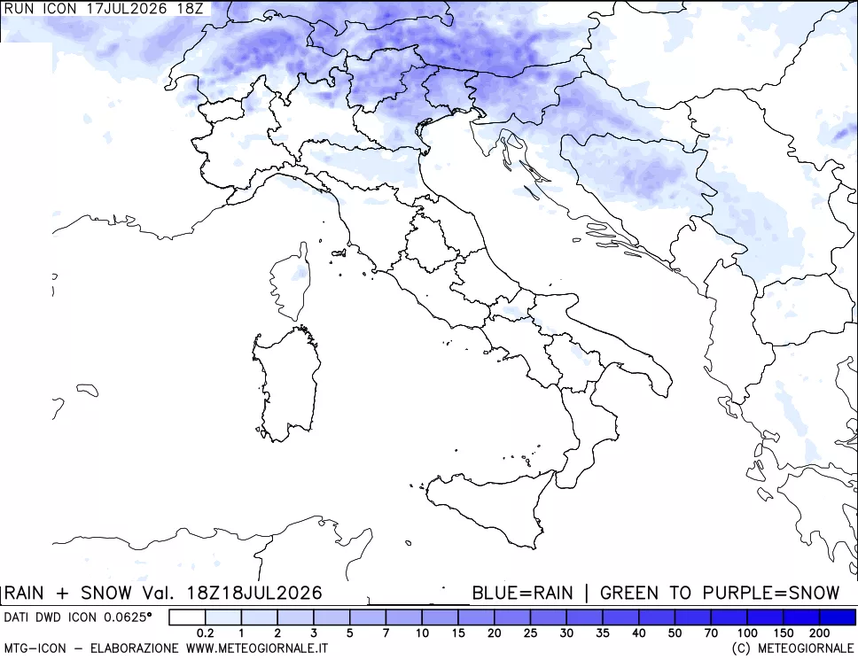 mappa Precipitazioni totali e nevose 24 ore precedenti