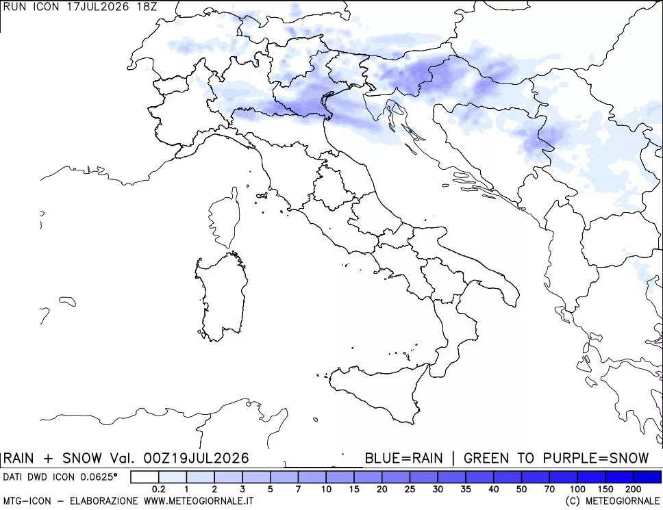 mappa Precipitazioni totali e nevose 24 ore precedenti