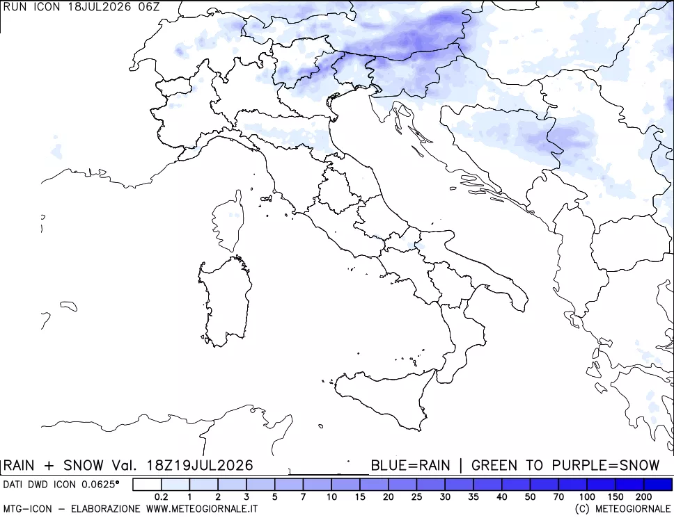 mappa Precipitazioni totali e nevose 24 ore precedenti