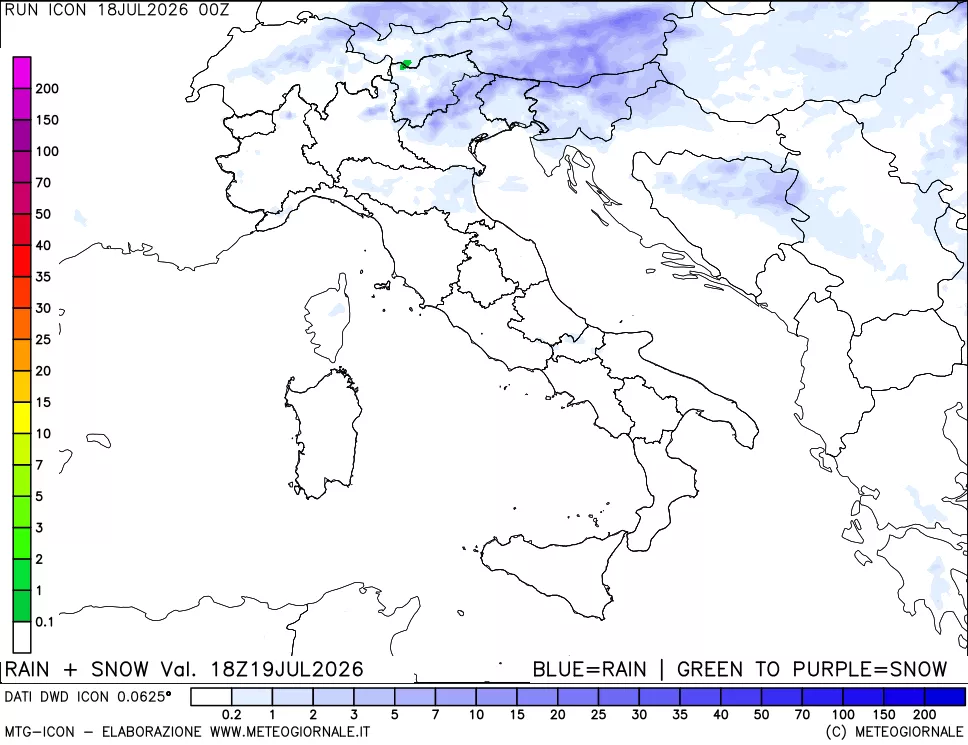 mappa Precipitazioni totali e nevose 24 ore precedenti