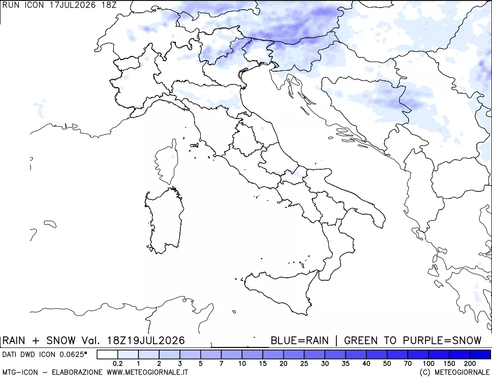 mappa Precipitazioni totali e nevose 24 ore precedenti