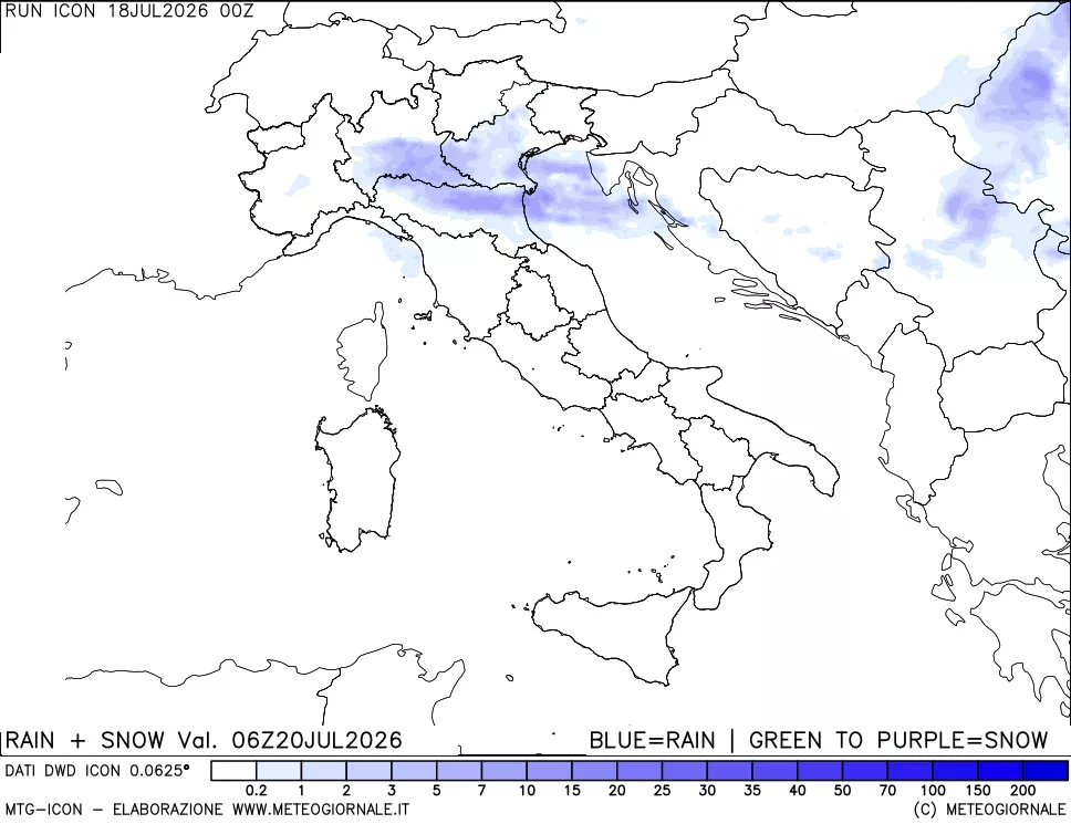 mappa Precipitazioni totali e nevose 24 ore precedenti