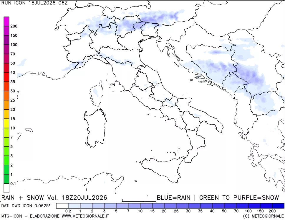 mappa Precipitazioni totali e nevose 24 ore precedenti