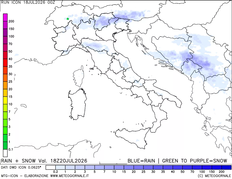 mappa Precipitazioni totali e nevose 24 ore precedenti