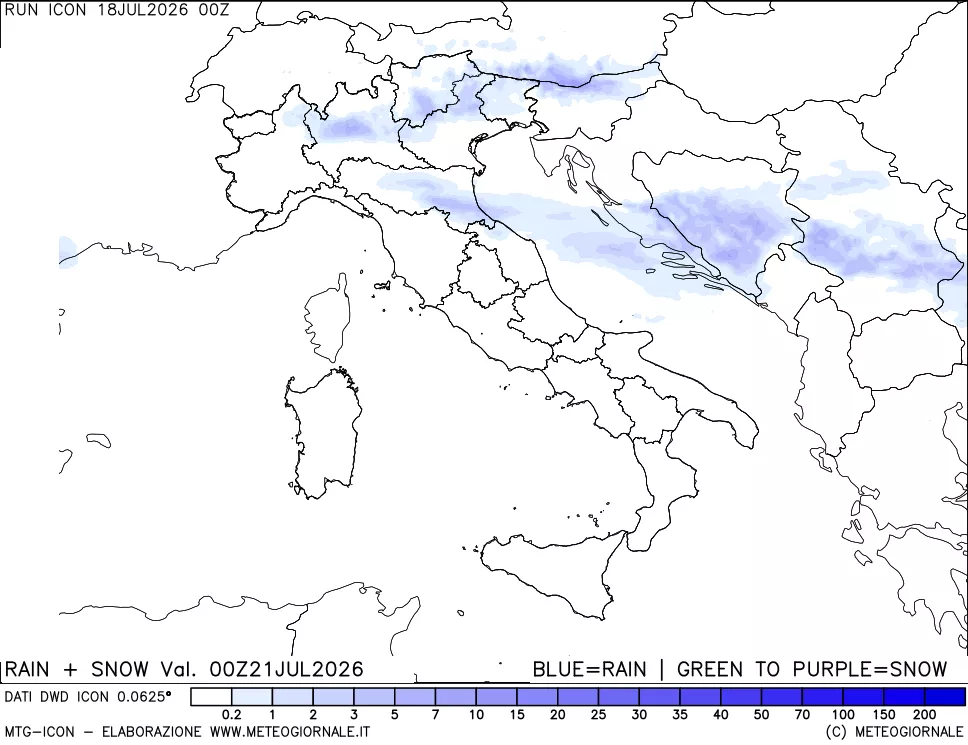 mappa Precipitazioni totali e nevose 24 ore precedenti