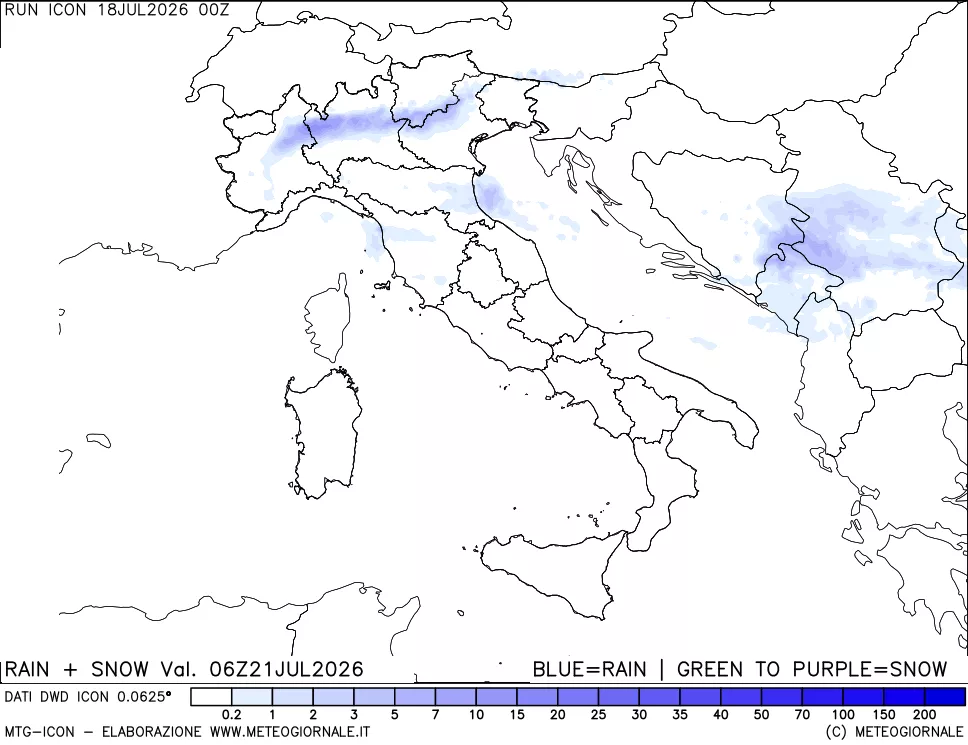 mappa Precipitazioni totali e nevose 24 ore precedenti