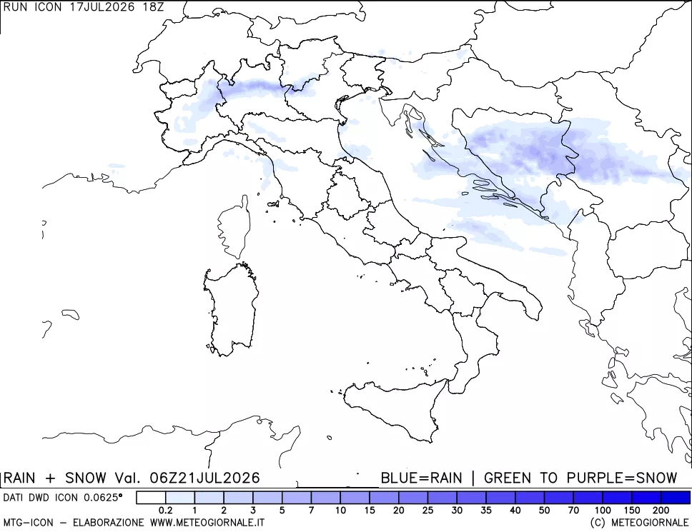 mappa Precipitazioni totali e nevose 24 ore precedenti