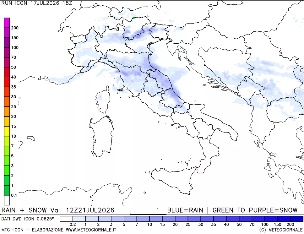 mappa Precipitazioni totali e nevose 24 ore precedenti