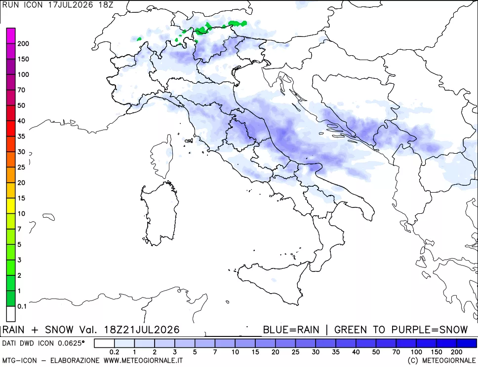 mappa Precipitazioni totali e nevose 24 ore precedenti