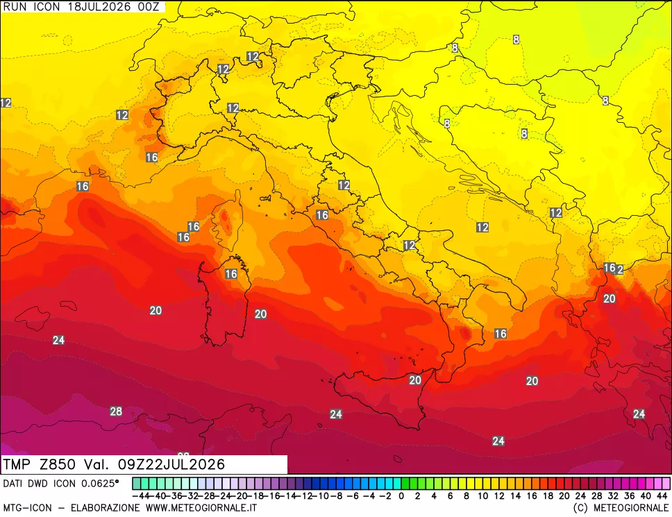 mappa 850 hPa Temp