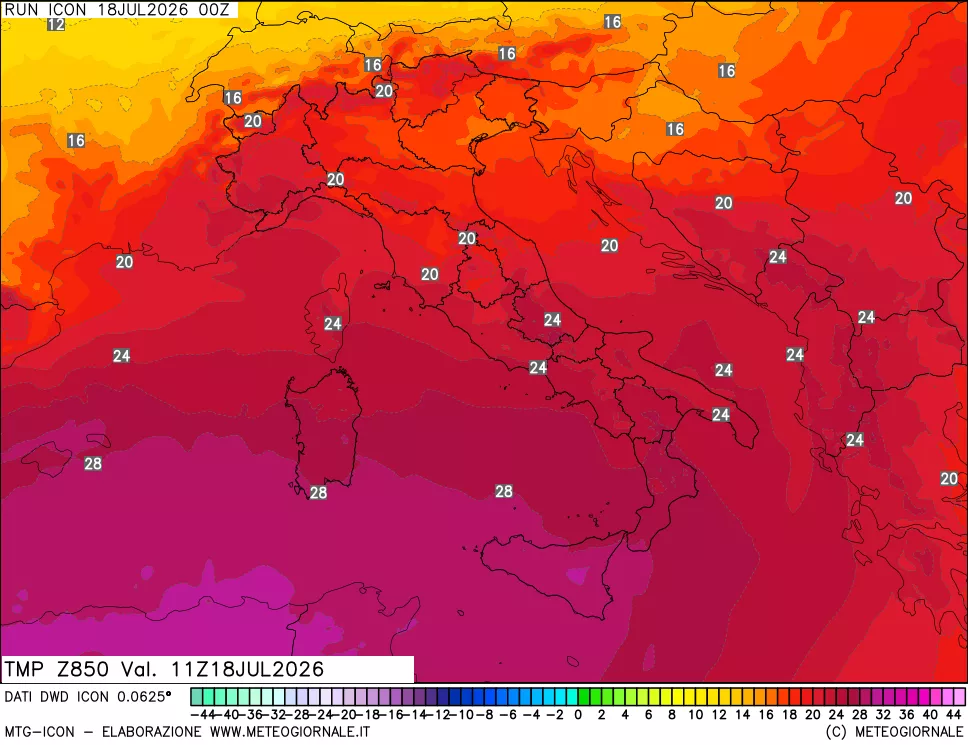 mappa 850 hPa Temp