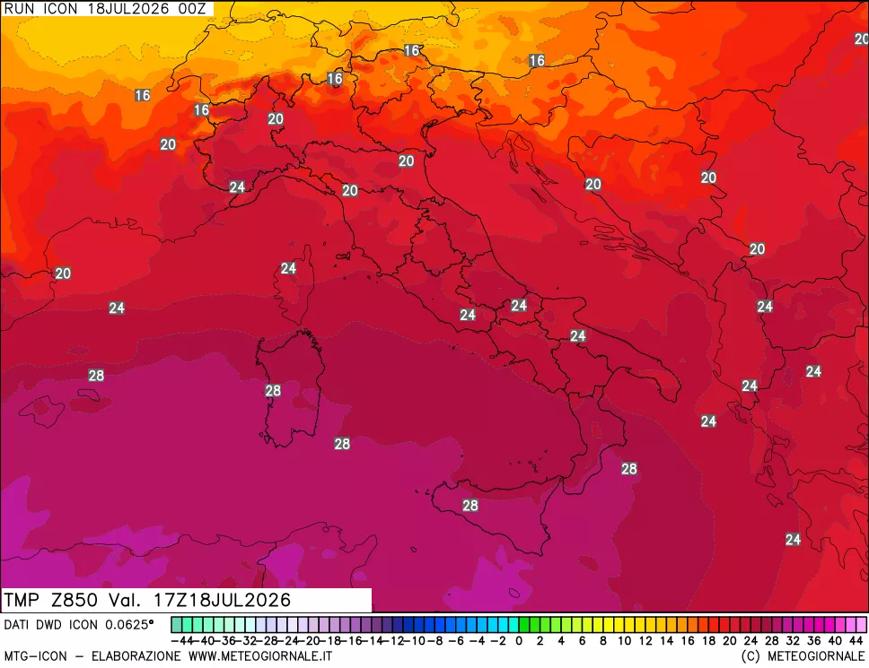 mappa 850 hPa Temp
