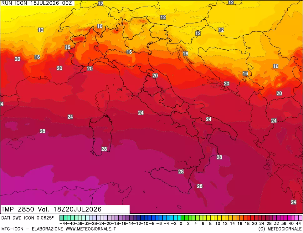 mappa 850 hPa Temp