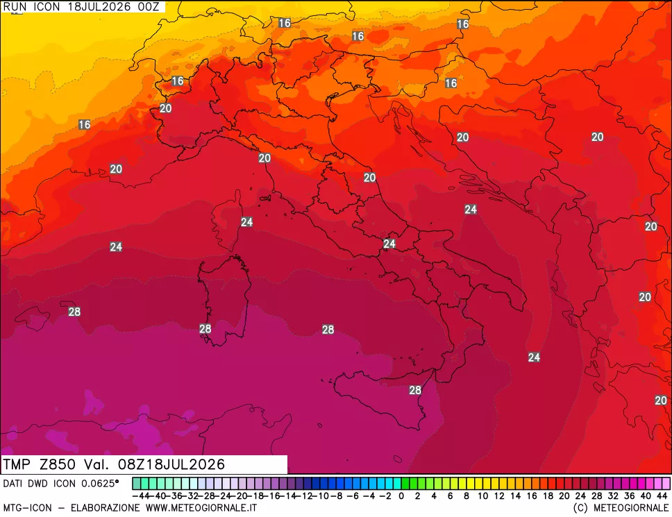 mappa 850 hPa Temp