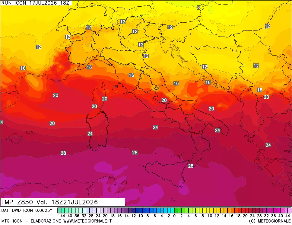 mappa 850 hPa Temp