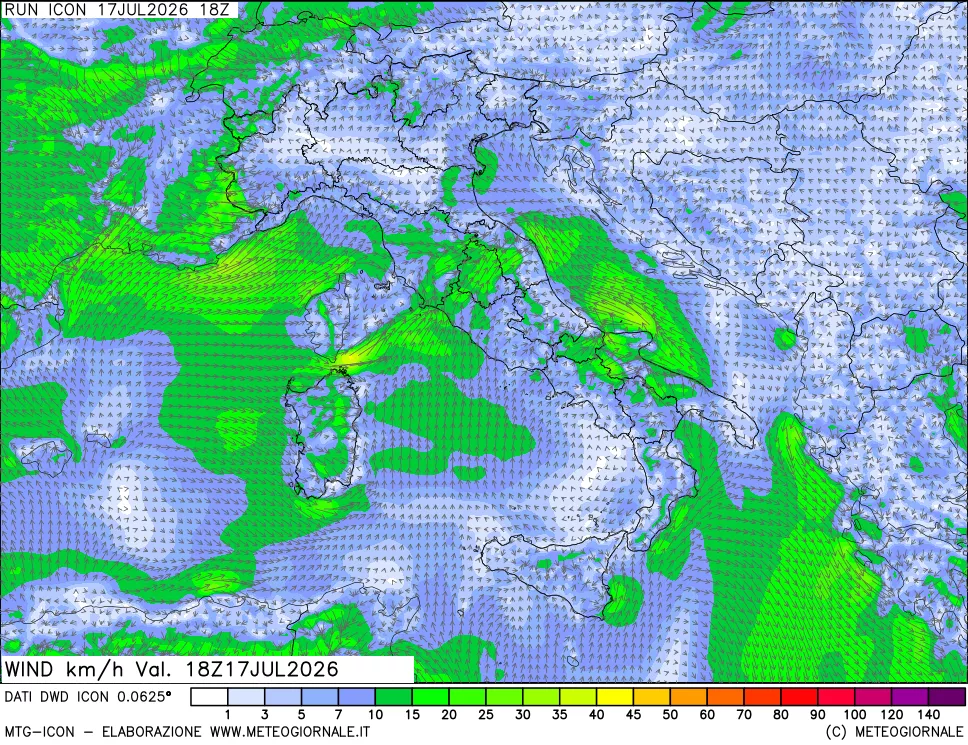 mappa 10 m Vento forza e direzione