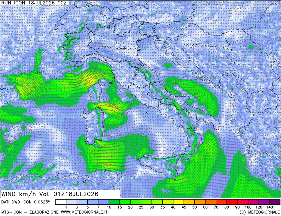 mappa 10 m Vento forza e direzione